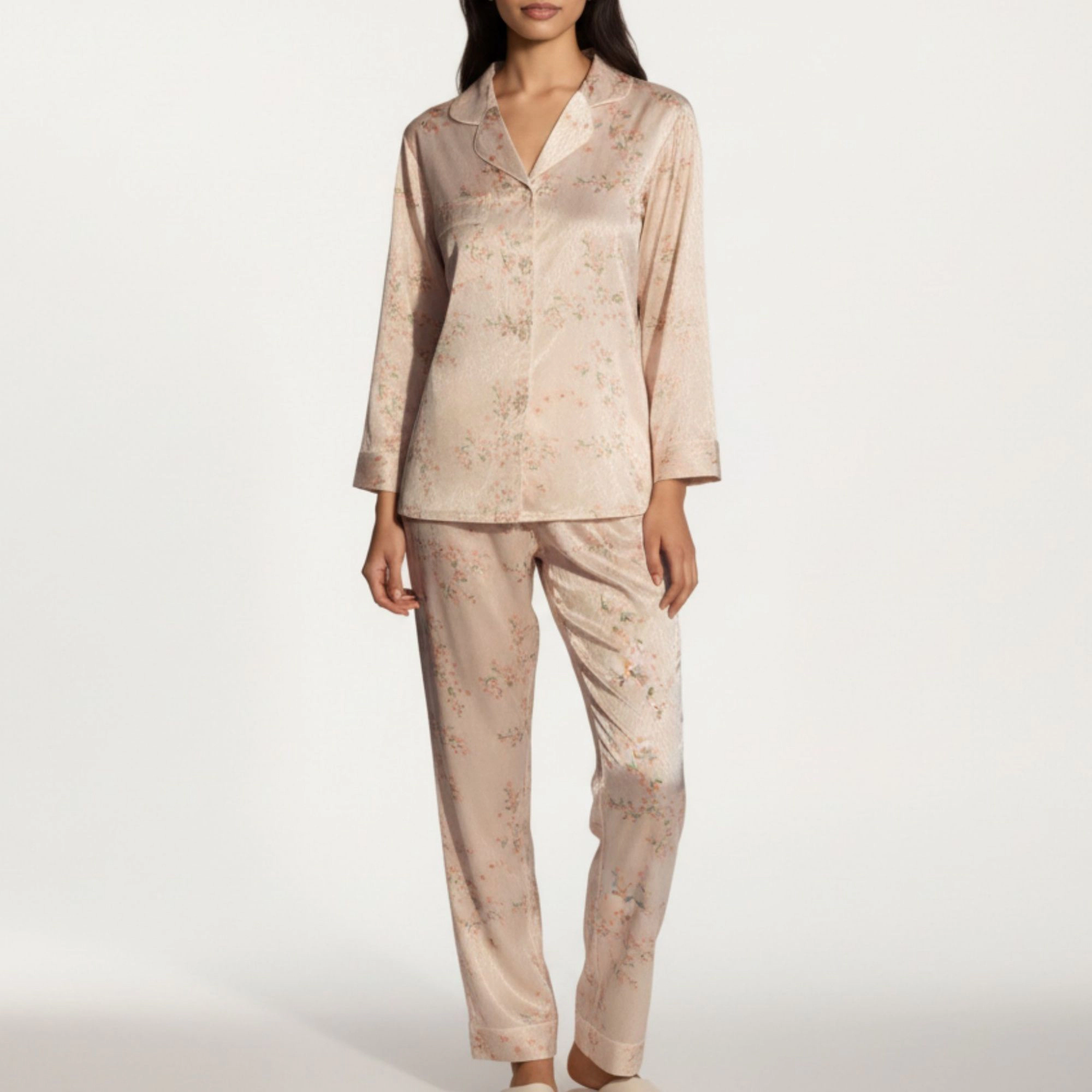 Anna-Kaci Women's 2-Piece Floral Satin Pajama Top and Relaxed Fit Pants with Smooth Finish Soft Collar Detail