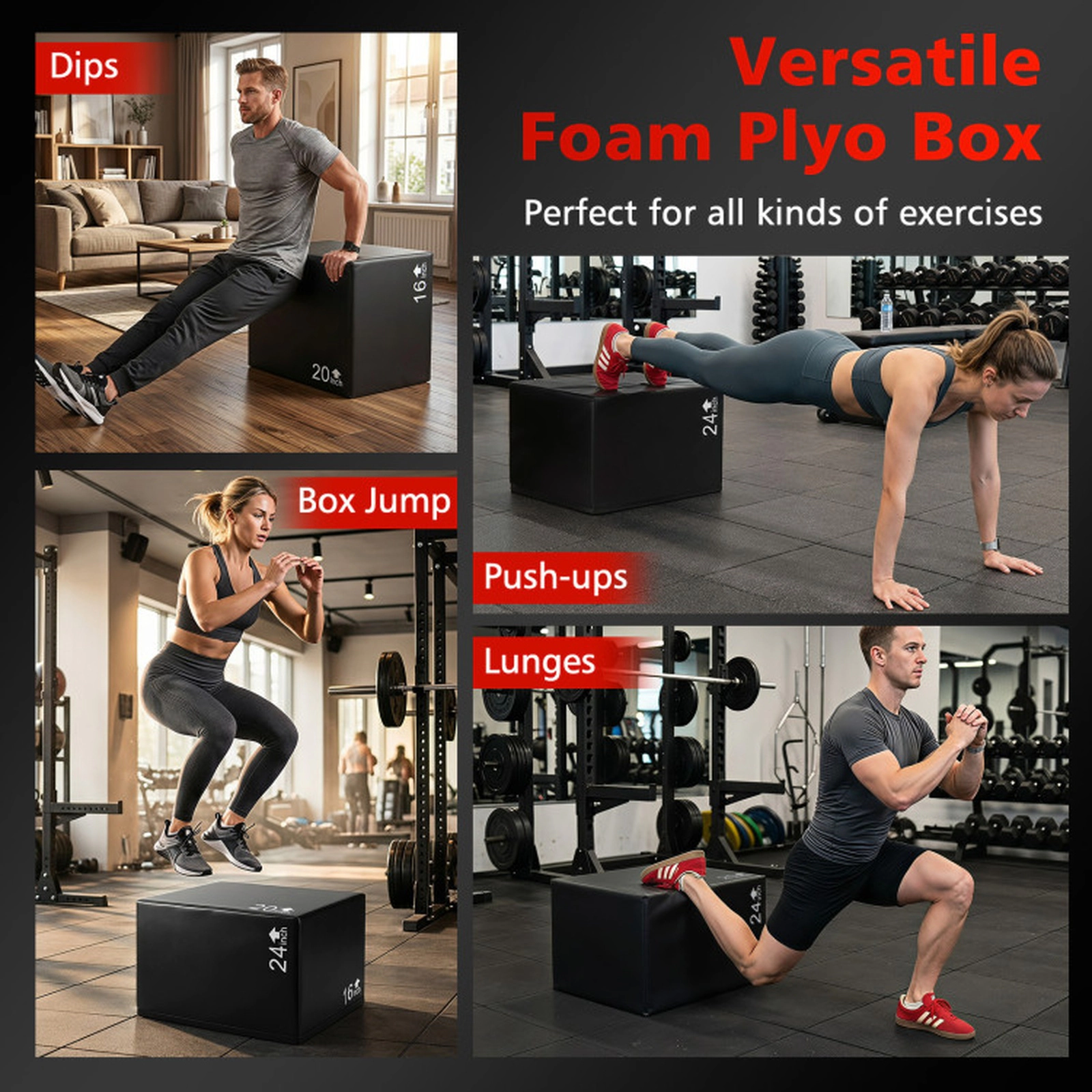 SUGIFT 3-in-1 Black Foam Plyo Box with Anti-Slip PU Cover 24-in W 20-in D 16-in H 330-lb Platform Capacity