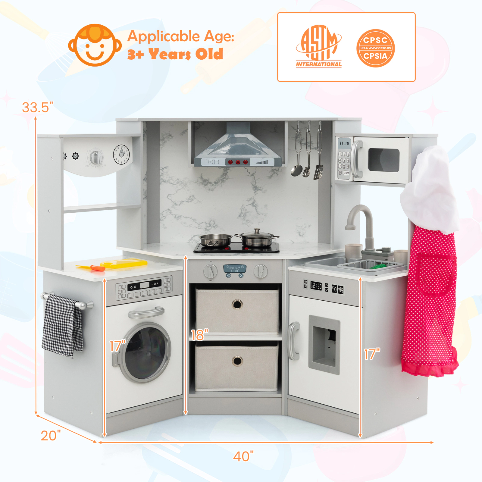 SUGIFT Wooden Kids Play Kitchen Playset with Realistic Lights and Sounds 40-in Wide MDF for Ages 3+ Gray/Coffee