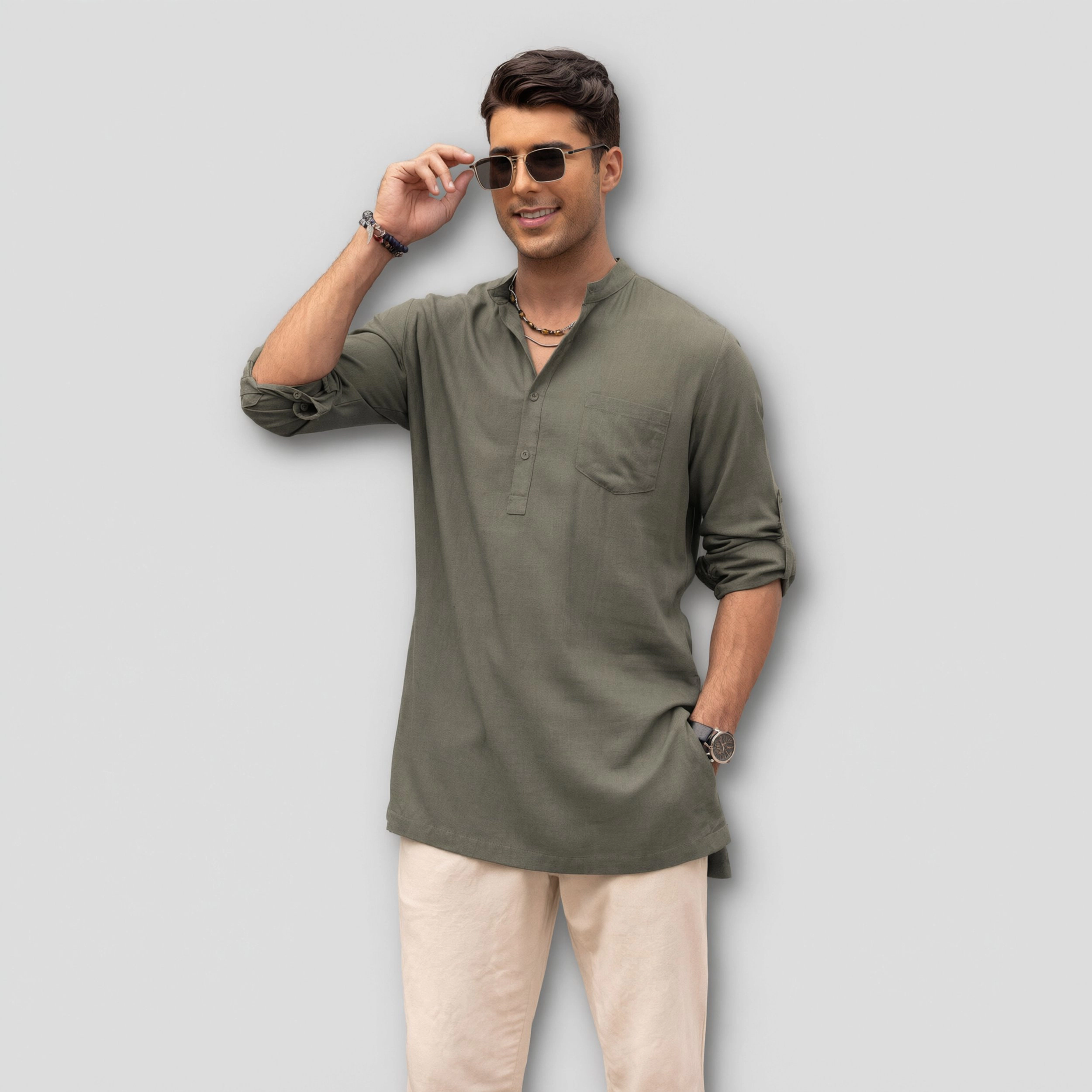 COOFANDY Mens Casual Henley V Neck Long Sleeve Shirt Button Roll Tab Pocket Tunic