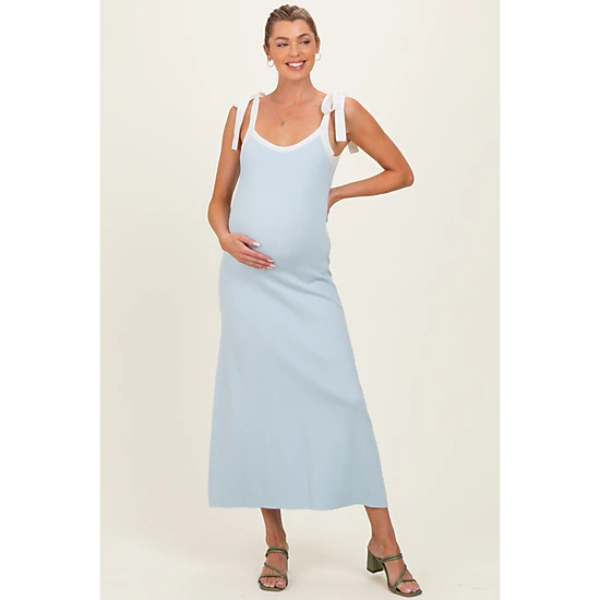 PinkBlush Womens Light Blue Knit Contrast Shoulder Tie Maternity Dress