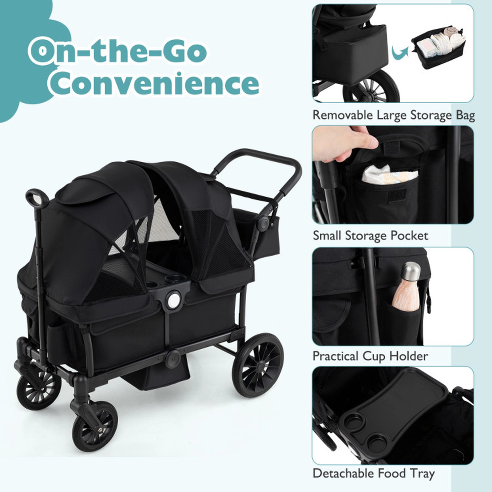 SUGIFT 2-Seater Push Pull Collapsible Kids Wagon Stroller 55-lb Capacity Per Seat Ages 6 Months+ Black/Gray