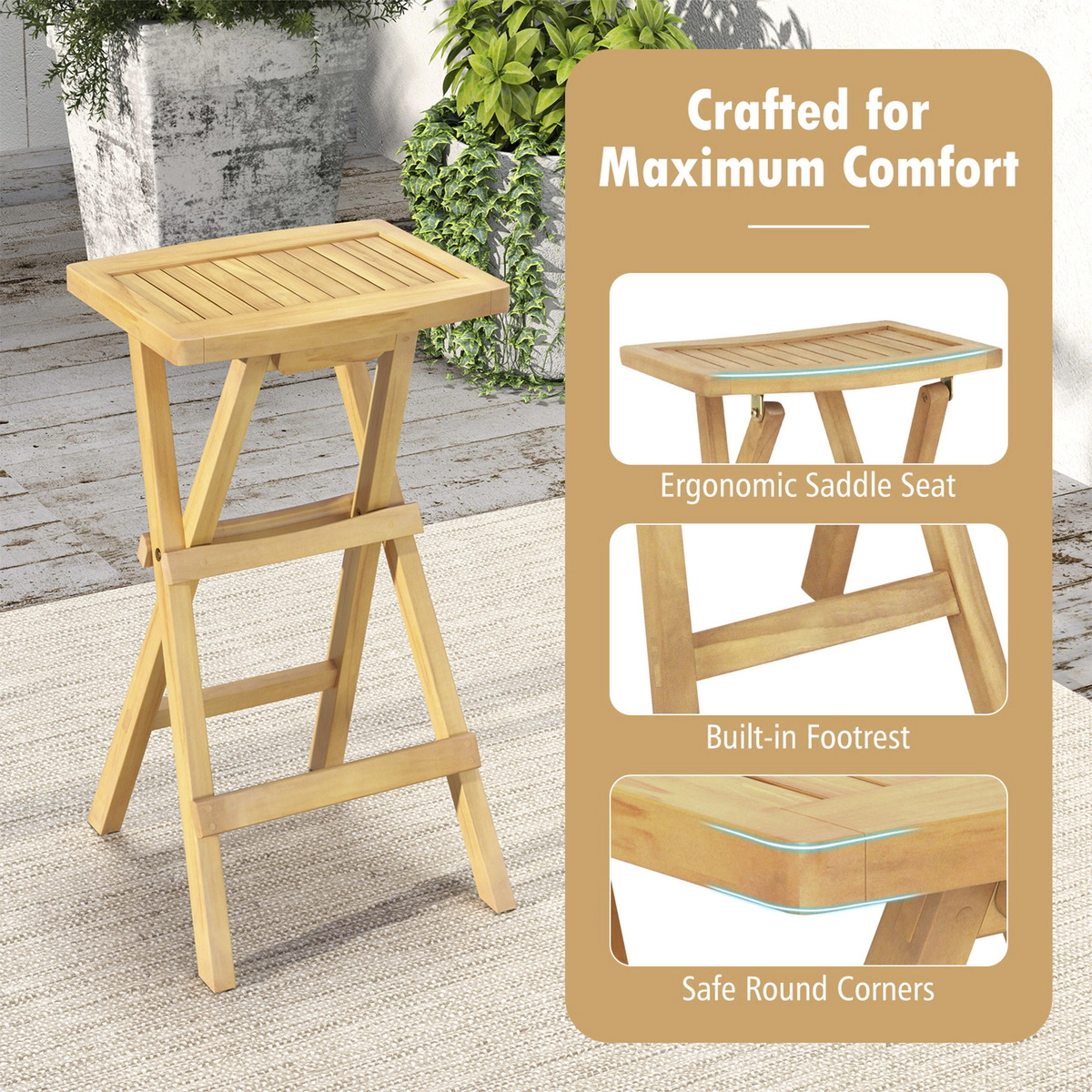 SUGIFT Set of 2 Folding Teak Wood Bar Stools with Saddle Seat 350-lb Capacity Natural Outdoor Bar Seating