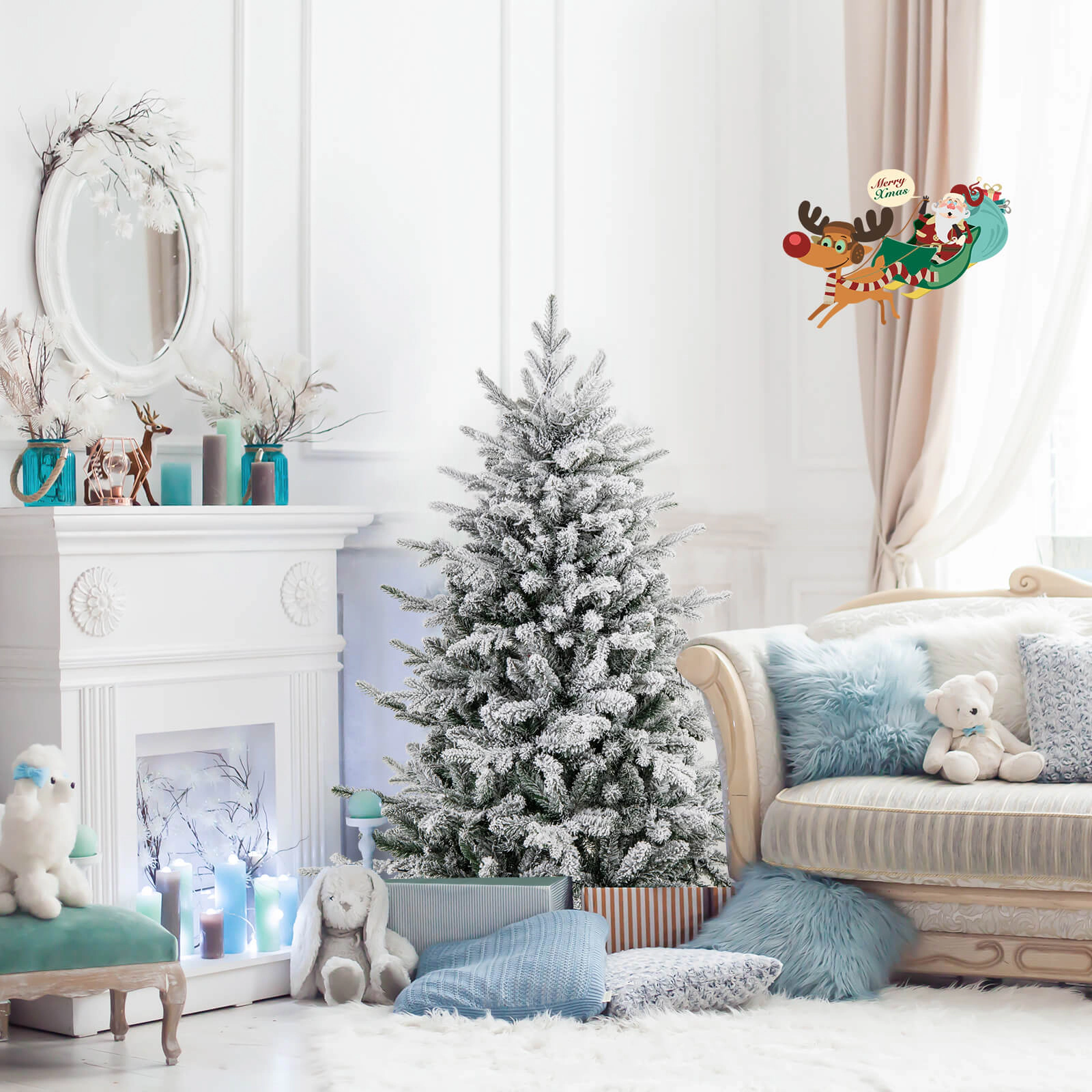 Costway 4.5/6/7 FT Flocked Christmas Tree with 8 Lighting Modes 160 Multi-Color LED Lights