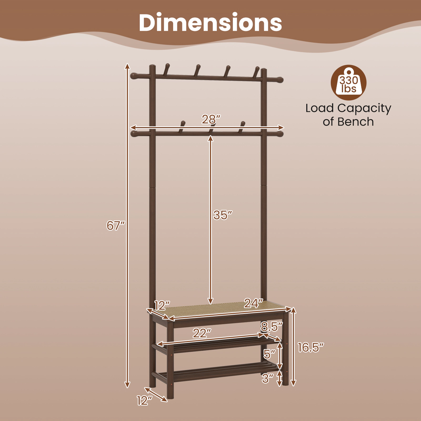 SUGIFT 3-in-1 Bamboo PE Rattan Hall Tree with Bench and Shoe Storage 330-lb Bench Capacity Brown & Natural