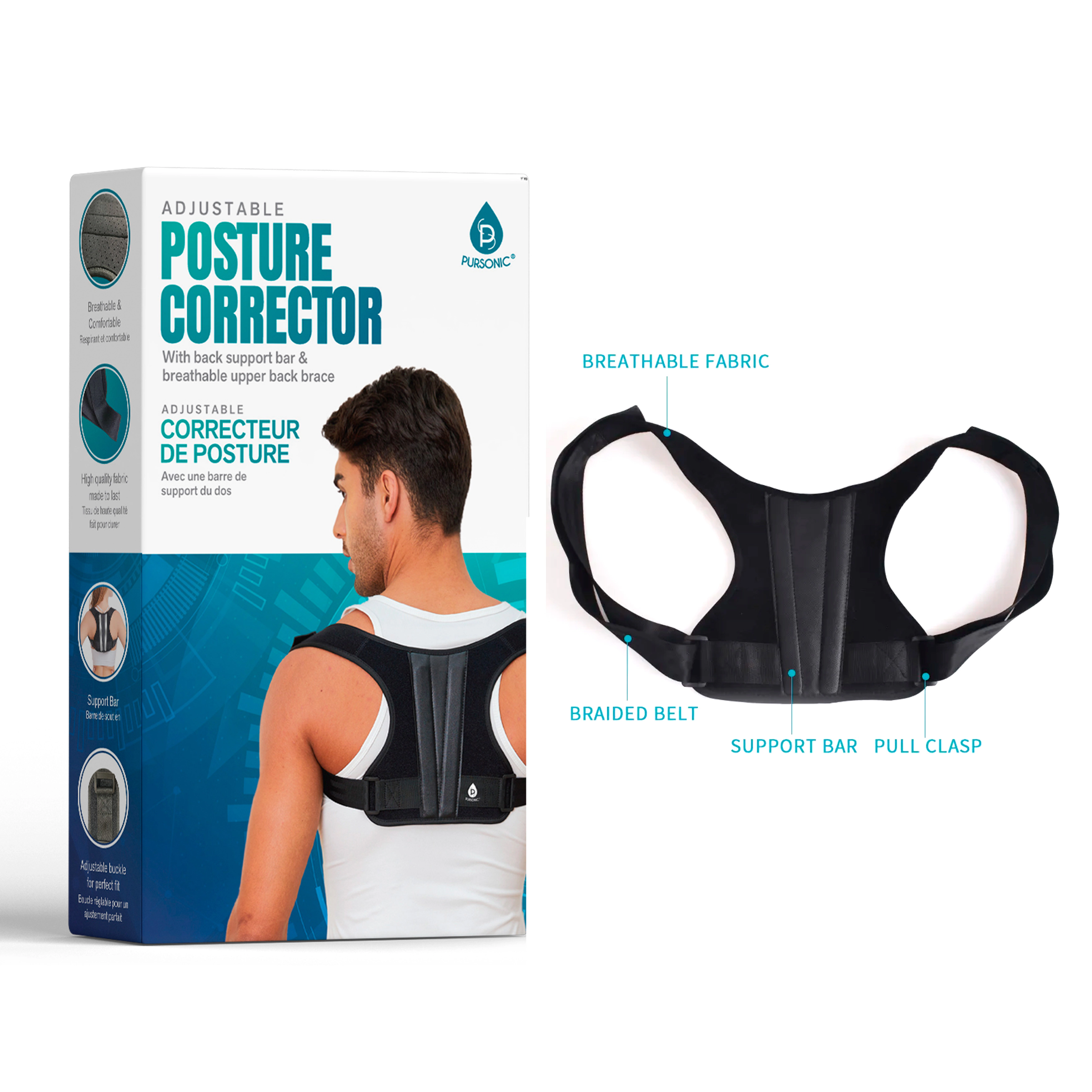 Pursonic Unisex Adjustable Back Support Posture Corrector Brace with Shoulder Alignment Bar