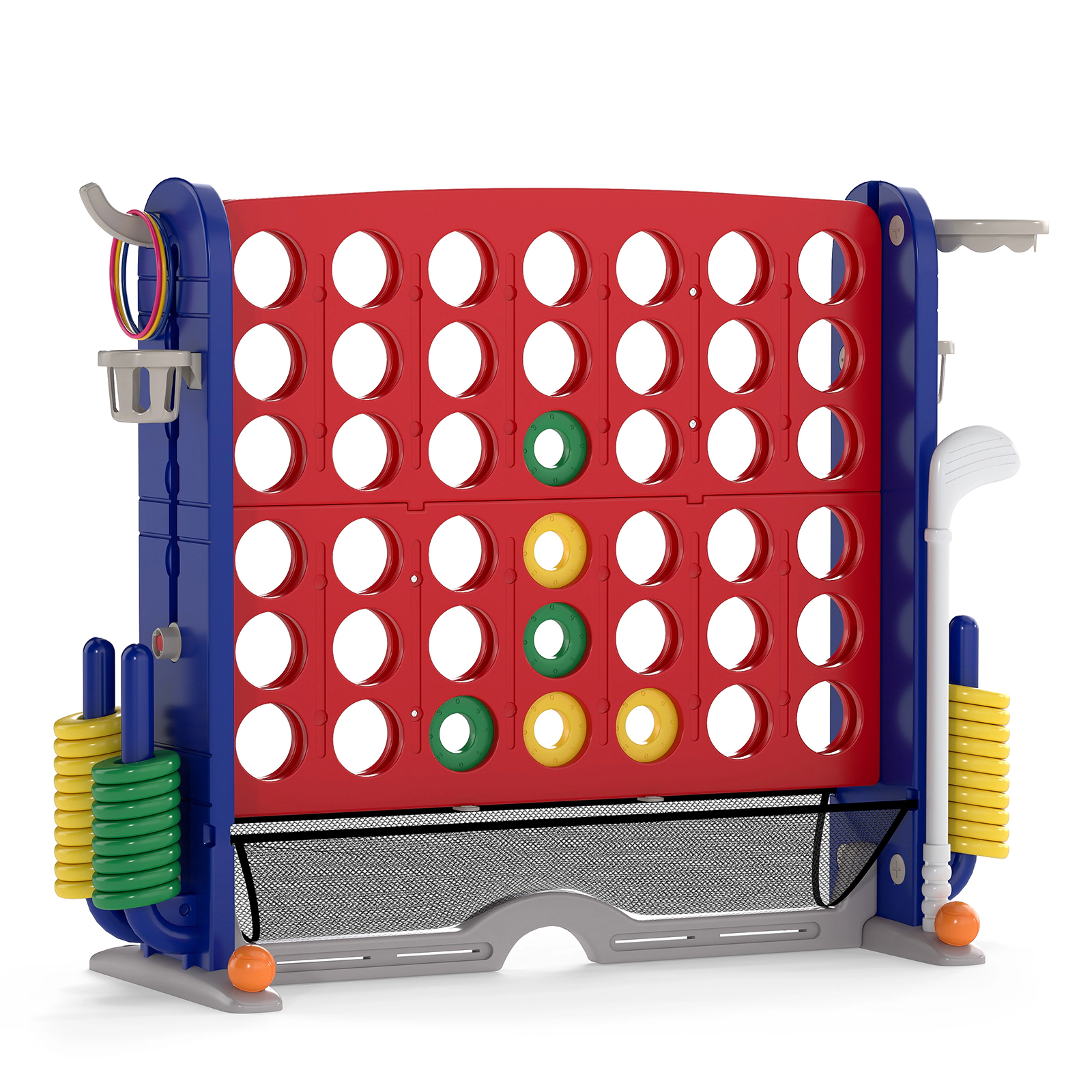 SUGIFT 4-in-1 Jumbo 4-to-Score Game with Ring Toss Basketball Mini Golf Chute Button and Mesh Pouch