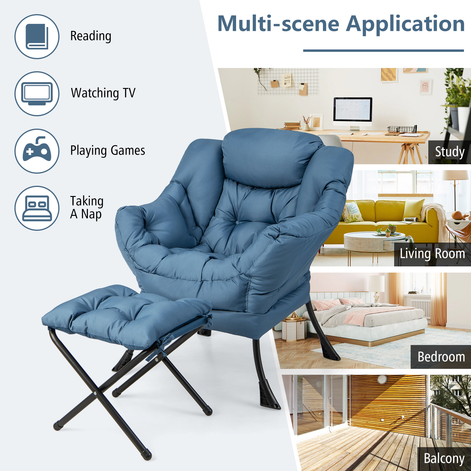 SUGIFT Modern Accent Sofa Chair with Folding Footrest & Side Pocket 330-lb Chair Capacity 110-lb Footrest Capacity Navy