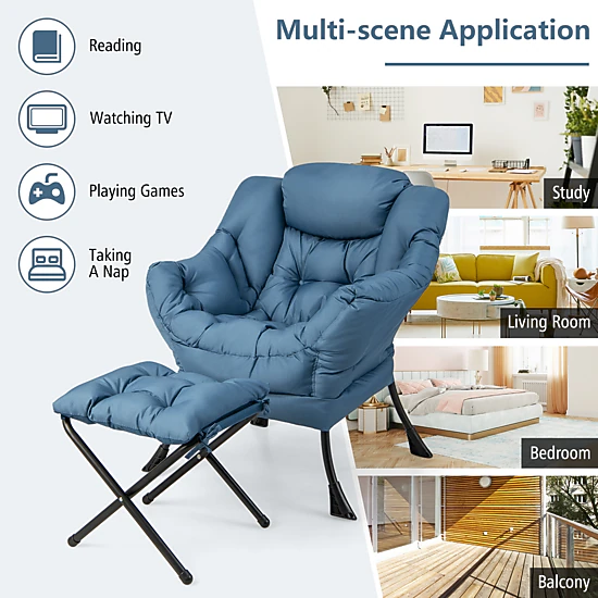 SUGIFT Modern Accent Sofa Chair with Folding Footrest & Side Pocket 330-lb Chair Capacity 110-lb Footrest Capacity Navy