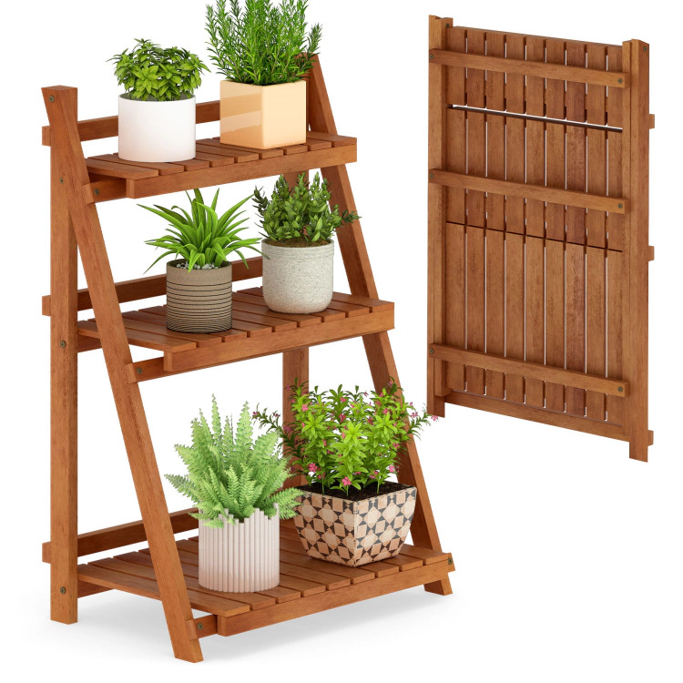 Hivvago Foldable 3-Tier Solid Wood Plant Stand for Patio Balcony