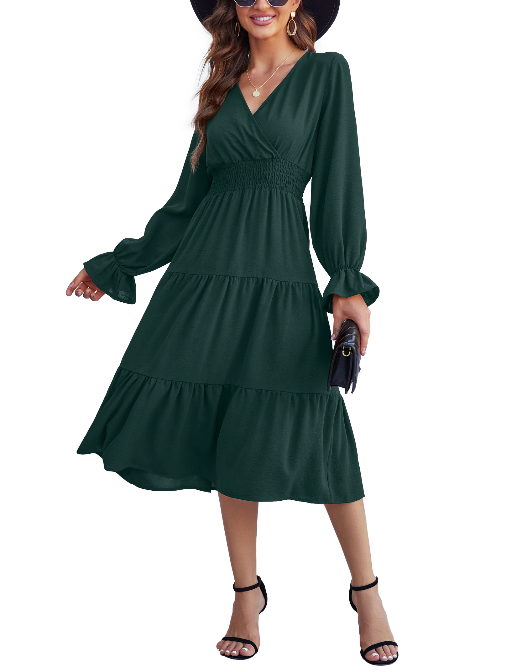 KOJOOIN Women V Neck Wrap Midi Dress Long Sleeve Tiered Ruffle Dresses Smocked Flowy Wedding Guest
