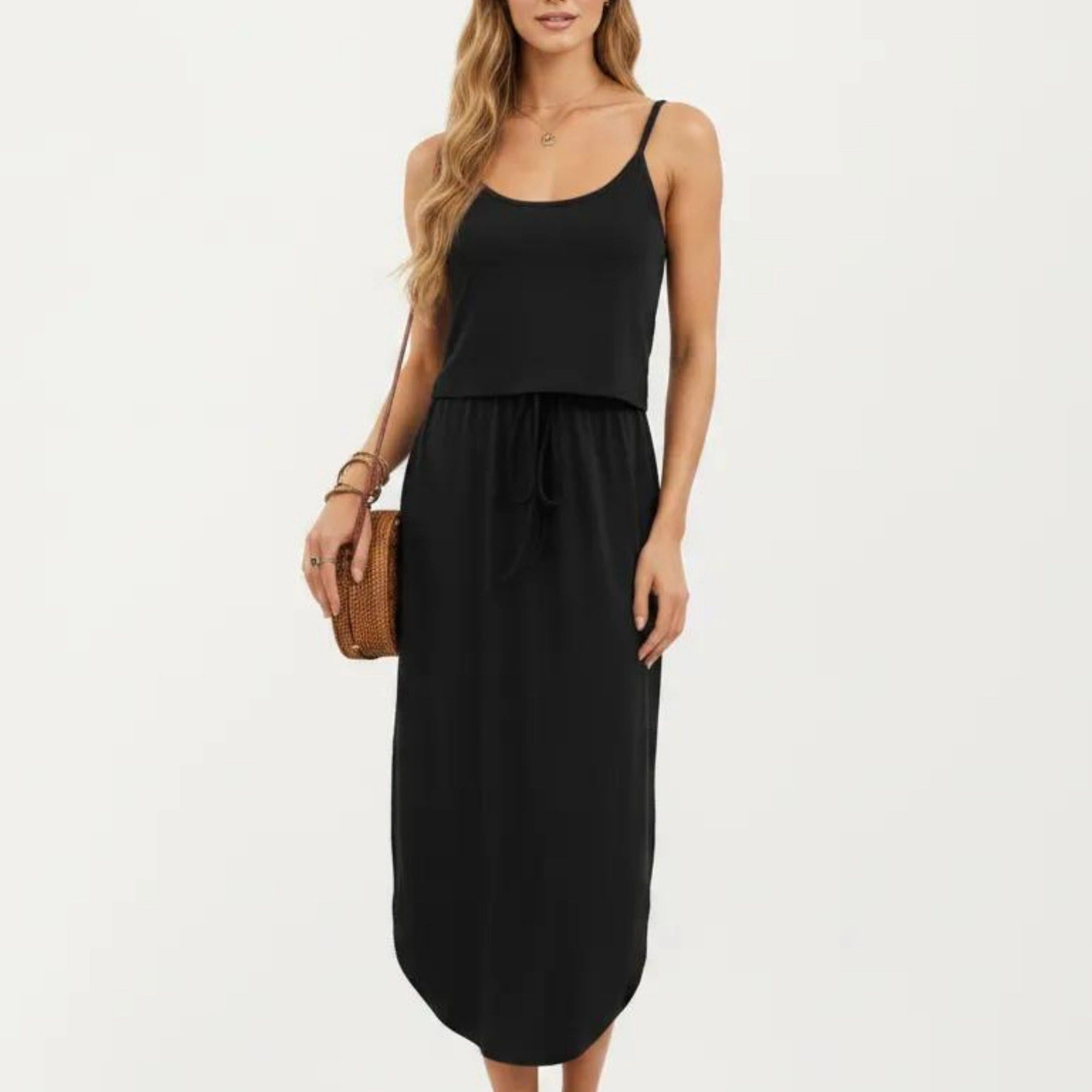 Anna-Kaci Women's Sleeveless Spaghetti Straps Adjustable Drawstring Waist Fit Midi Dress