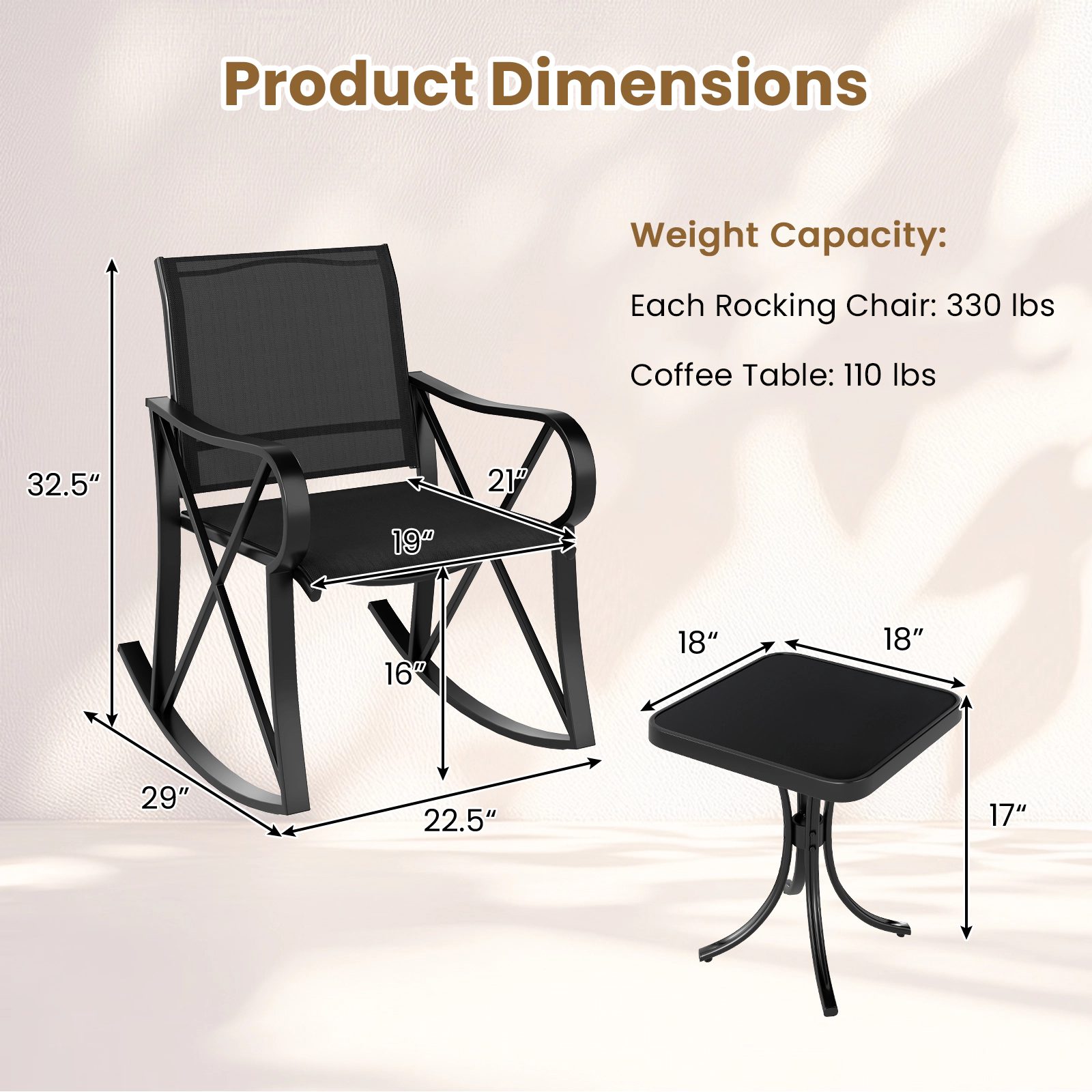 SUGIFT 3 Piece Patio Conversation Set Side Table 330-lb Rocking Chair Capacity 18 x 18 x 17 in Table Brown + Black