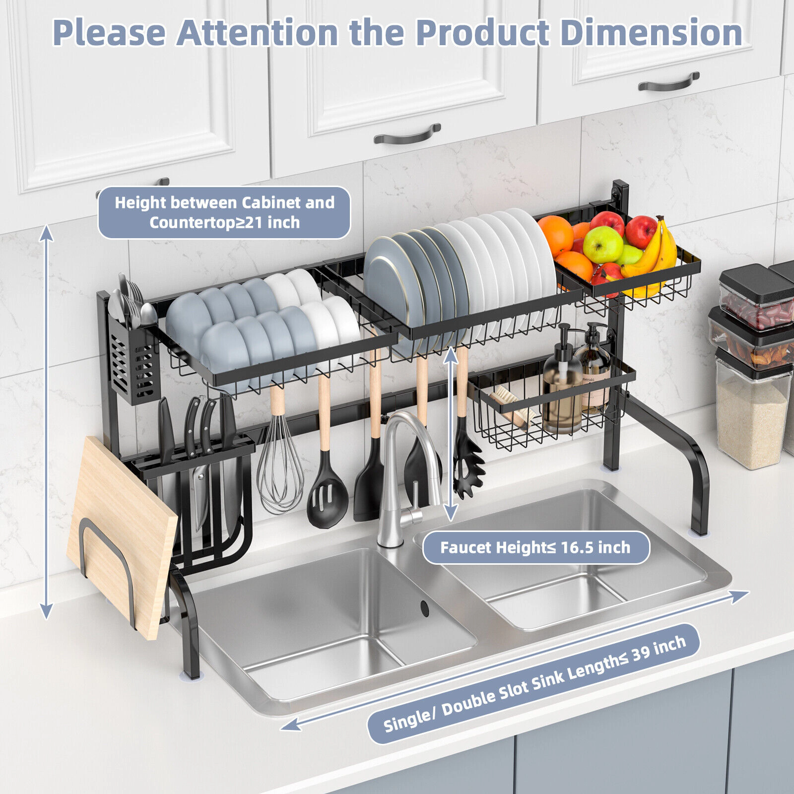 SUGIFT 2-Tier Adjustable Over Sink Dish Drying Rack 4 Baskets 5 Hooks 110-lb Total 22-lb per Basket 21-39-in Wide Black