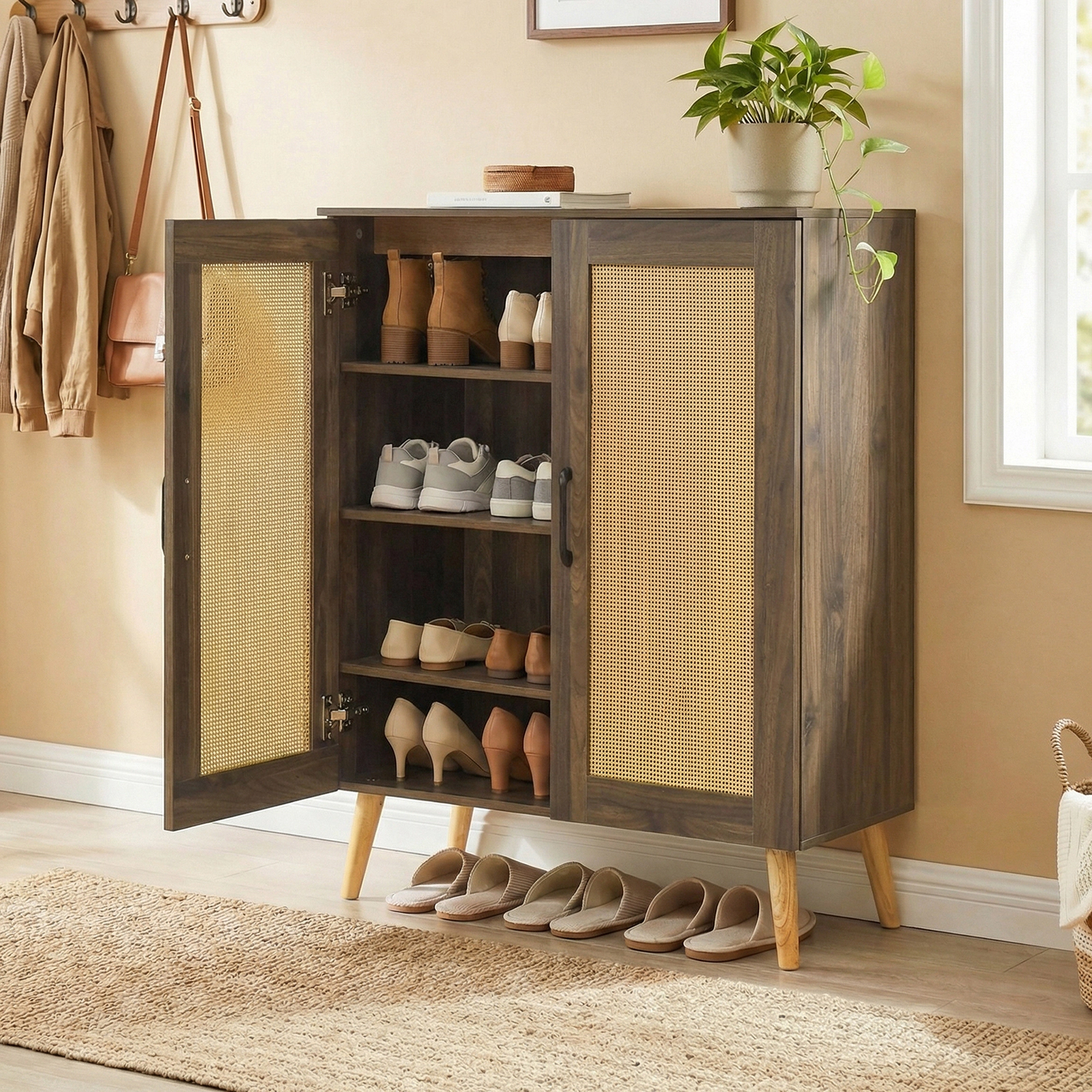 SUGIFT 5-Tier Walnut 37-in Tall Rattan Shoe Cabinet with 3 Removable Shelves and Solid Rubber Wood Legs