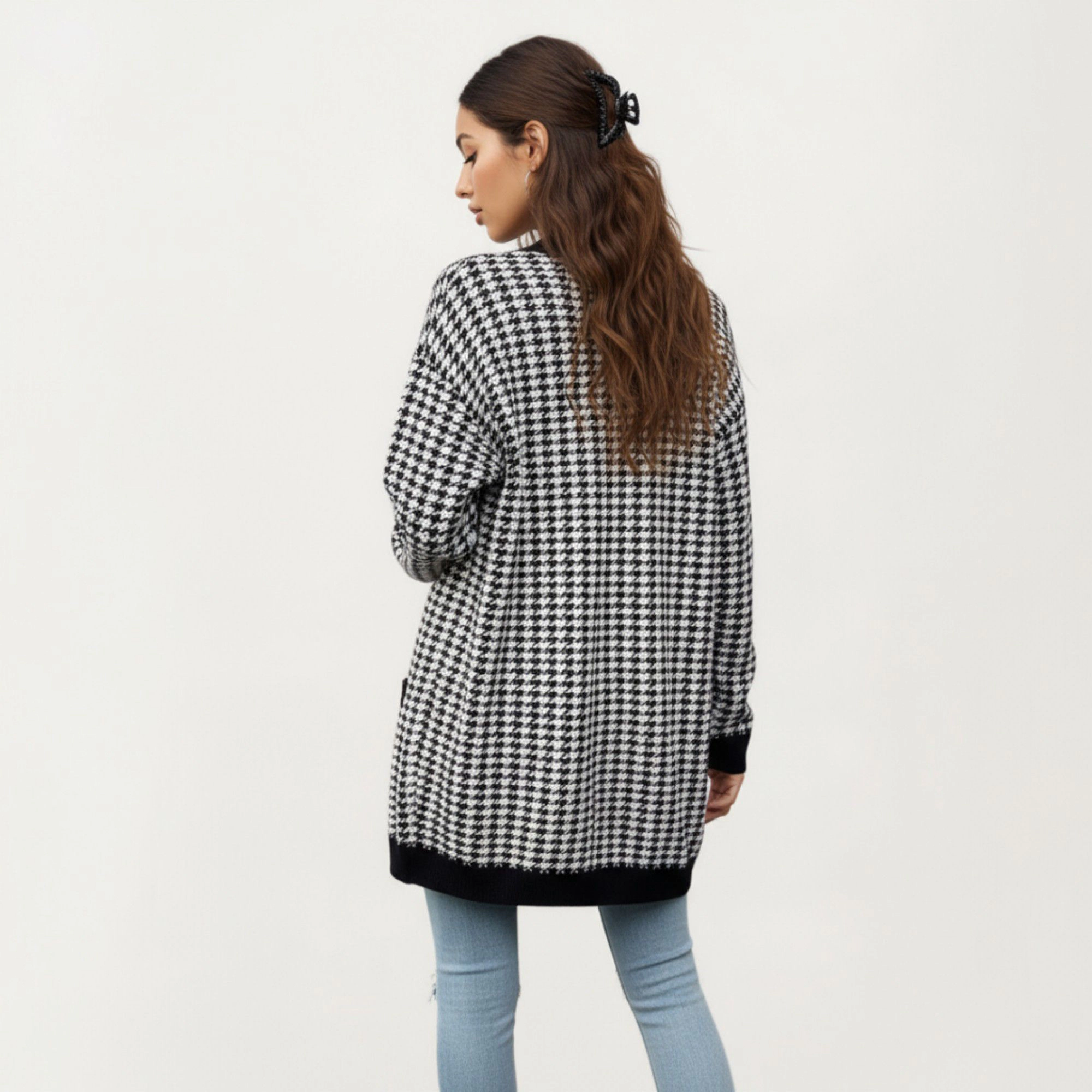 Anna-Kaci Women's Long Sleeve Houndstooth Knit Cardigan with Button Front and Pocket Detail
