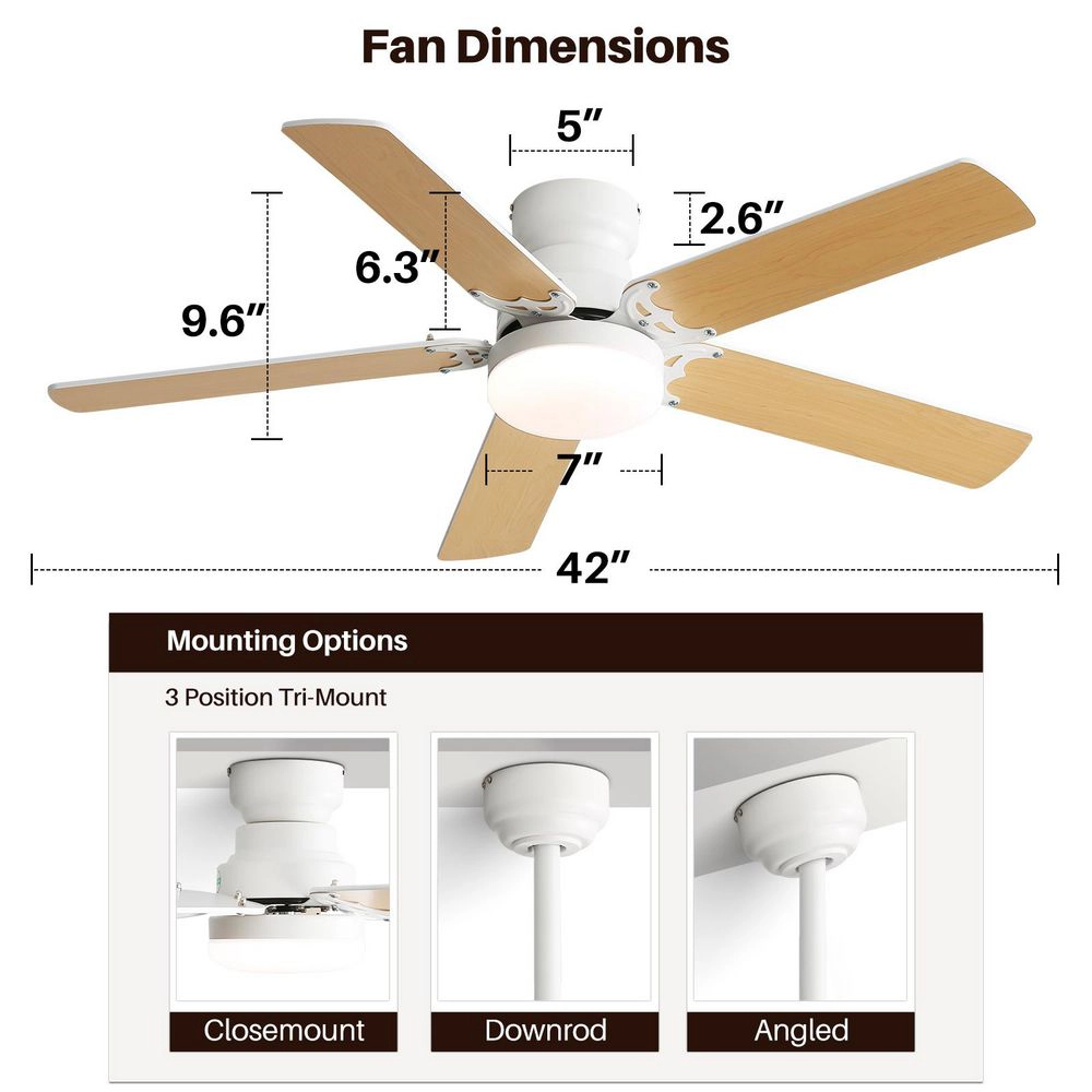 Flynama 42 in. Wood LED Ceiling Fan, Reversible DC Motor, Downrod Mount, Dimmable Remote Control, Energy Saving