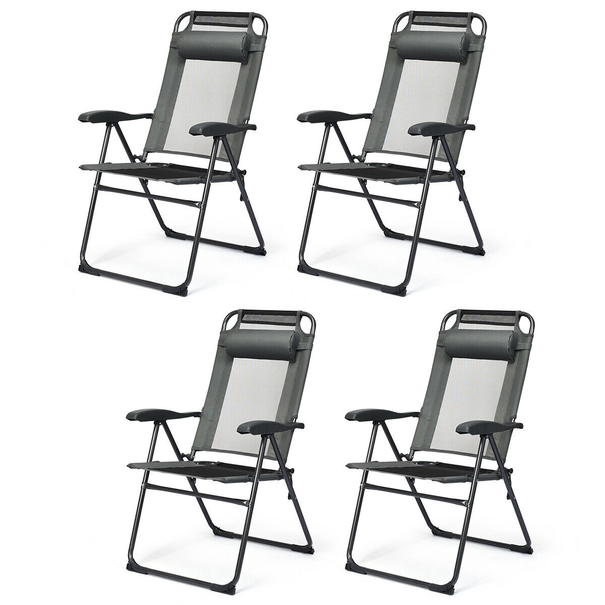 SUGIFT 7-Position Adjustable Reclining Folding Sling Patio Chair 300-Lb Capacity with Headrest Gray and Black