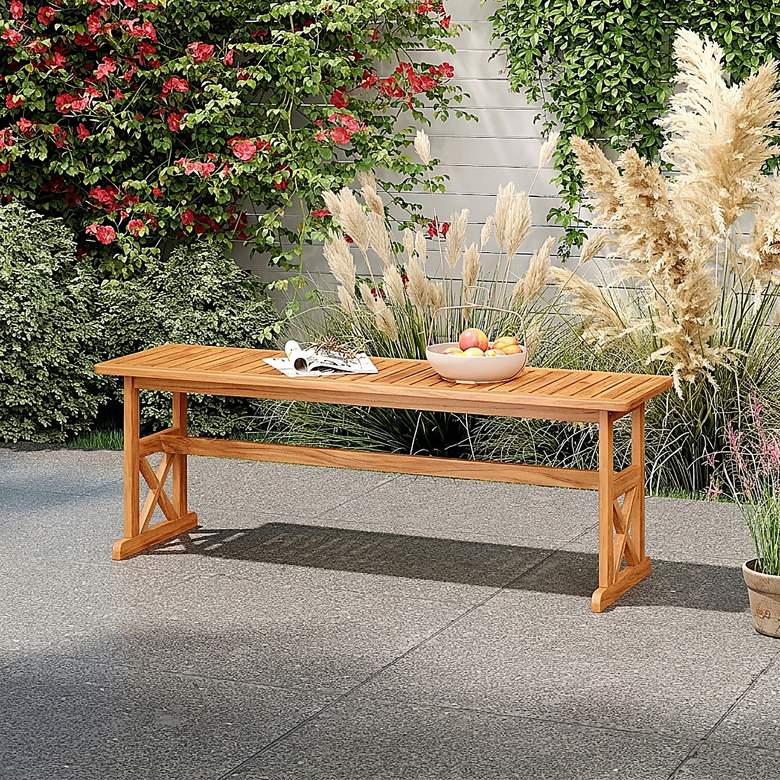 SUGIFT 51-in Outdoor Acacia Wood Bench with Slatted Seat 800-lb Capacity 2-3 Person 18-in Tall 2-Piece Set Natural