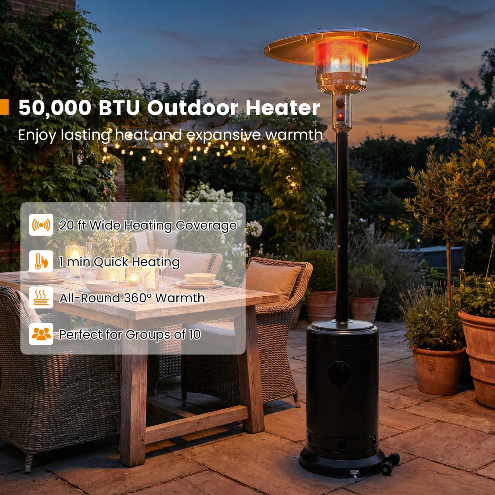 SUGIFT 50000-BTU Black 20-ft Coverage Propane Patio Heater with Stainless Steel Burner and Built-in Wheels