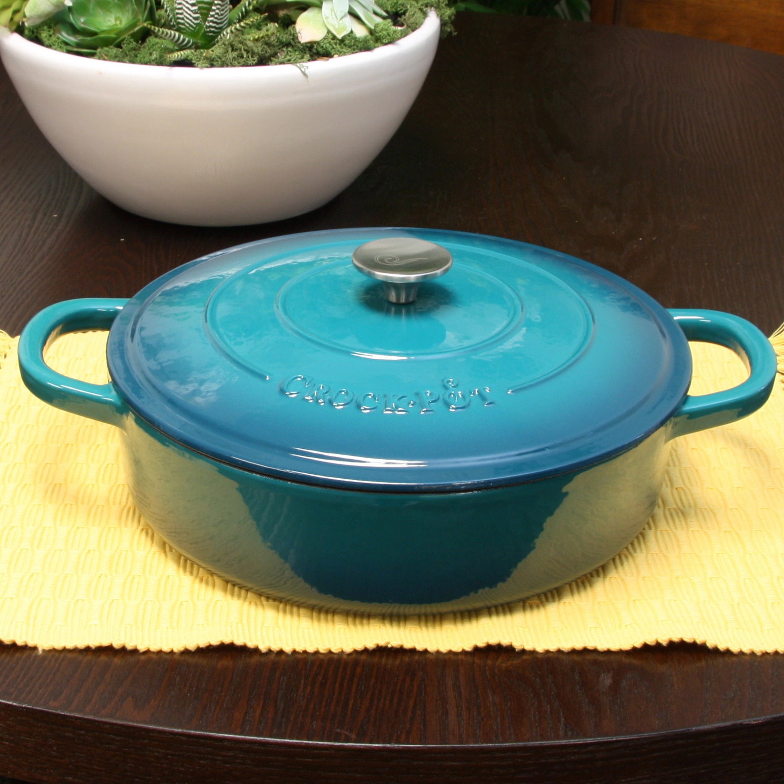 Crock Pot Artisan Enameled Cast Iron 5 Quart Round Braiser Pan with Self Basting Lid in Teal Ombre
