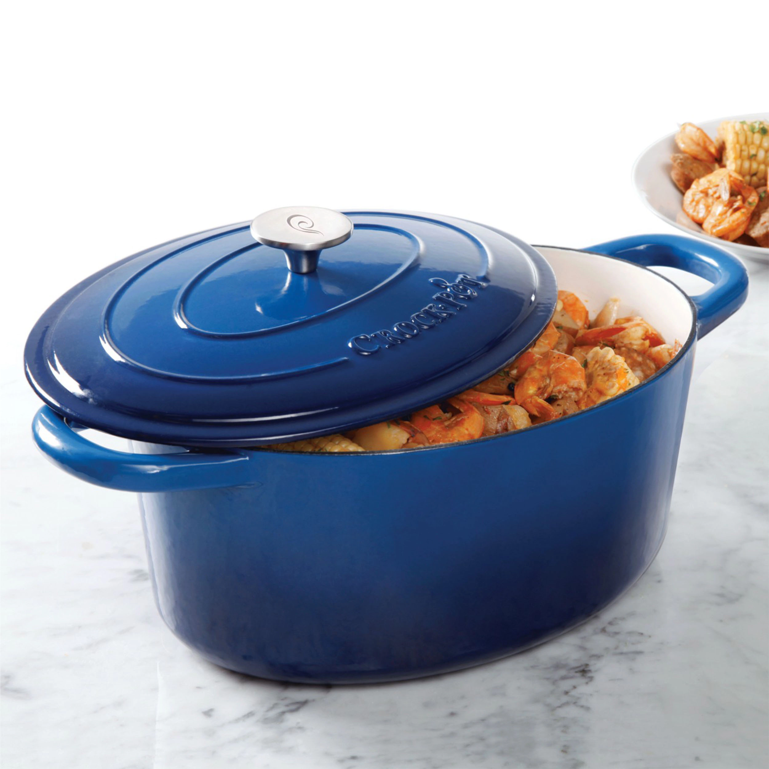 Crock Pot Artisan 7 Quart Enameled Cast Iron Oval Dutch Oven Sapphire Blue