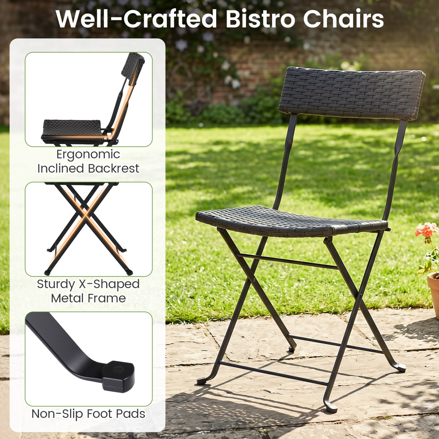 Hivvago 3-Piece Folding Bistro Set With Pe Wicker And X-Shaped Metal Frame