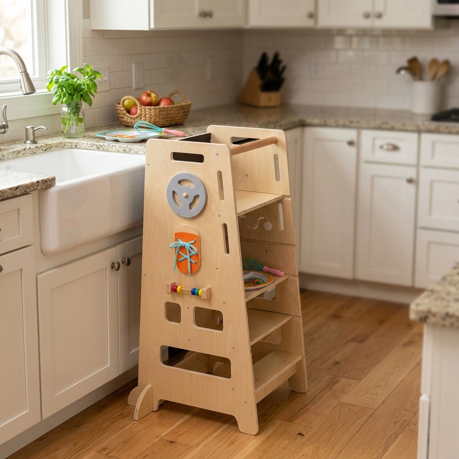 SUGIFT Natural Wooden Toddler Standing Kitchen Tower with 2 Adjustable Heights and Chalkboard Panel