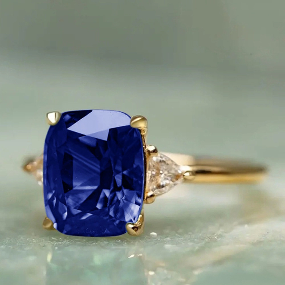 Cushion Cut Multi‑Color Cubic Zirconia Three‑Stone Ring Gold‑Tone Solitaire Engagement