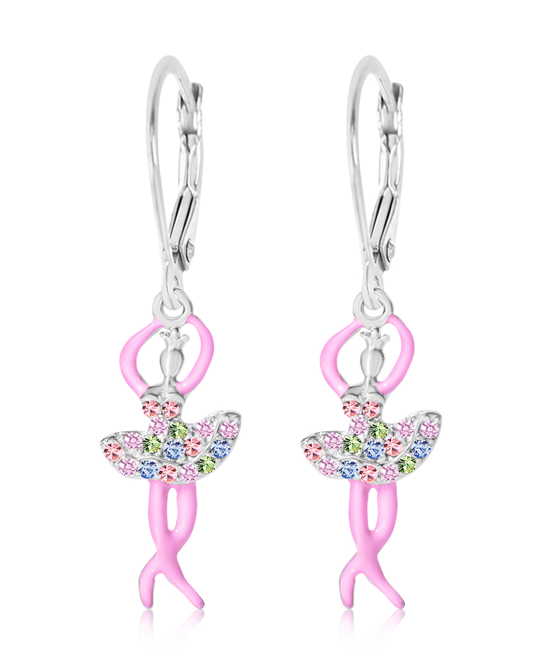 CHANTEUR Kids Ballerina Crystal Leverback Earrings - White Gold Palladium Plating, Silver