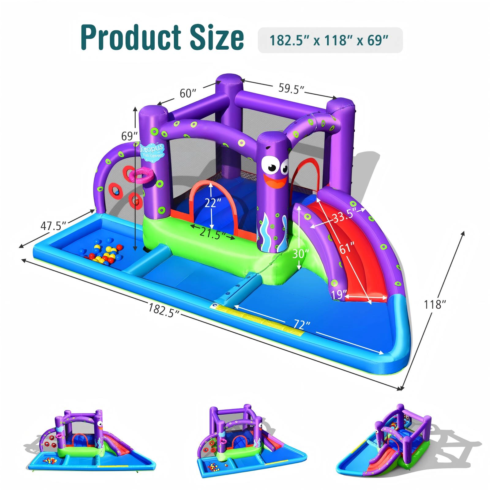 SUGIFT Inflatable Trampoline Water Slide Park with Splash Pool Ring Toss Basketball Rim and 750W Blower