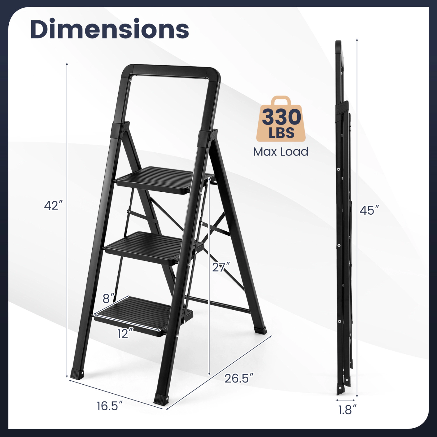 LJG 5 Step Black Folding Step Stool with Wide Anti-Slip Pedals