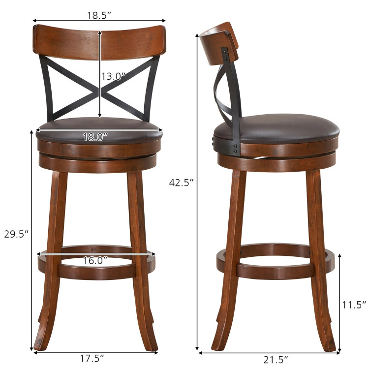 Hivvago Set of 2 Bar Stools 360-Degree Swivel Dining Bar Chairs with Rubber Wood Legs-29.5 inch