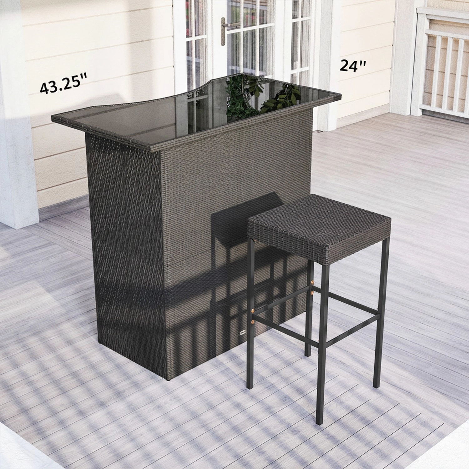 HONGGE 5 Piece Rattan Wicker Bar Set High Top Outdoor Table and Chairs Height Patio 2 Shelves & 4 Stools