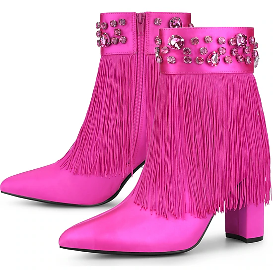 BLISSFUL STEP Women Pointed Toe Fringe Rhinestone Chunky Heel Ankle Boots