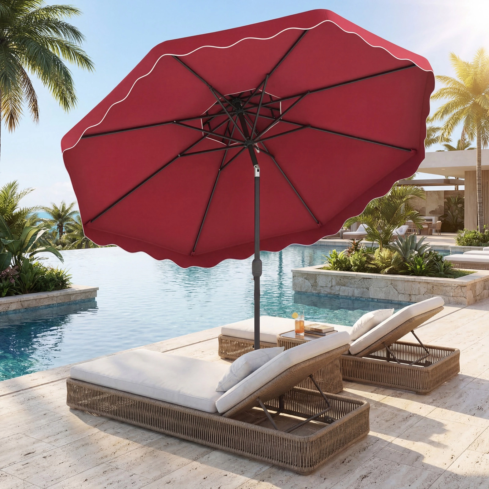 SUGIFT 9-Ft Patio Umbrella with Push Button Tilt and Crank Handle Brown/Gray/Turquoise/Red/Beige