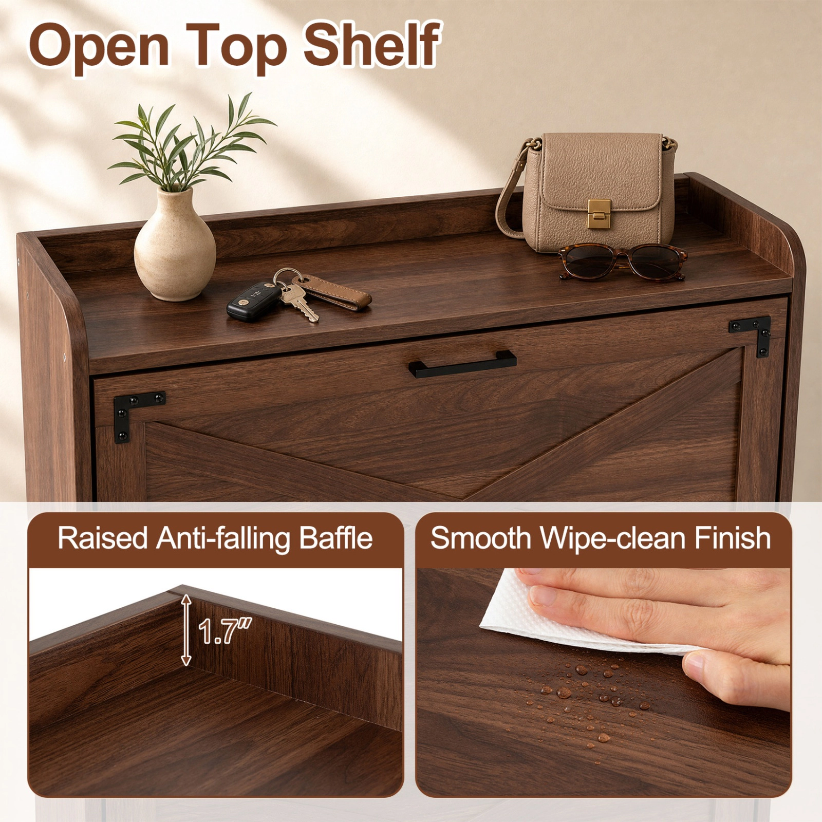 SUGIFT Brown 2 Flip Drawers and Barn Door Accents for Entryway 41 Inch Narrow Shoe Cabinet