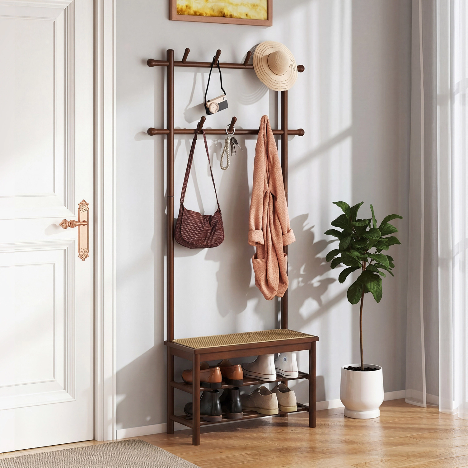 Glintex 3-in-1 Bamboo Hall Tree with 11 Rounded Hooks and PE Rattan Panels