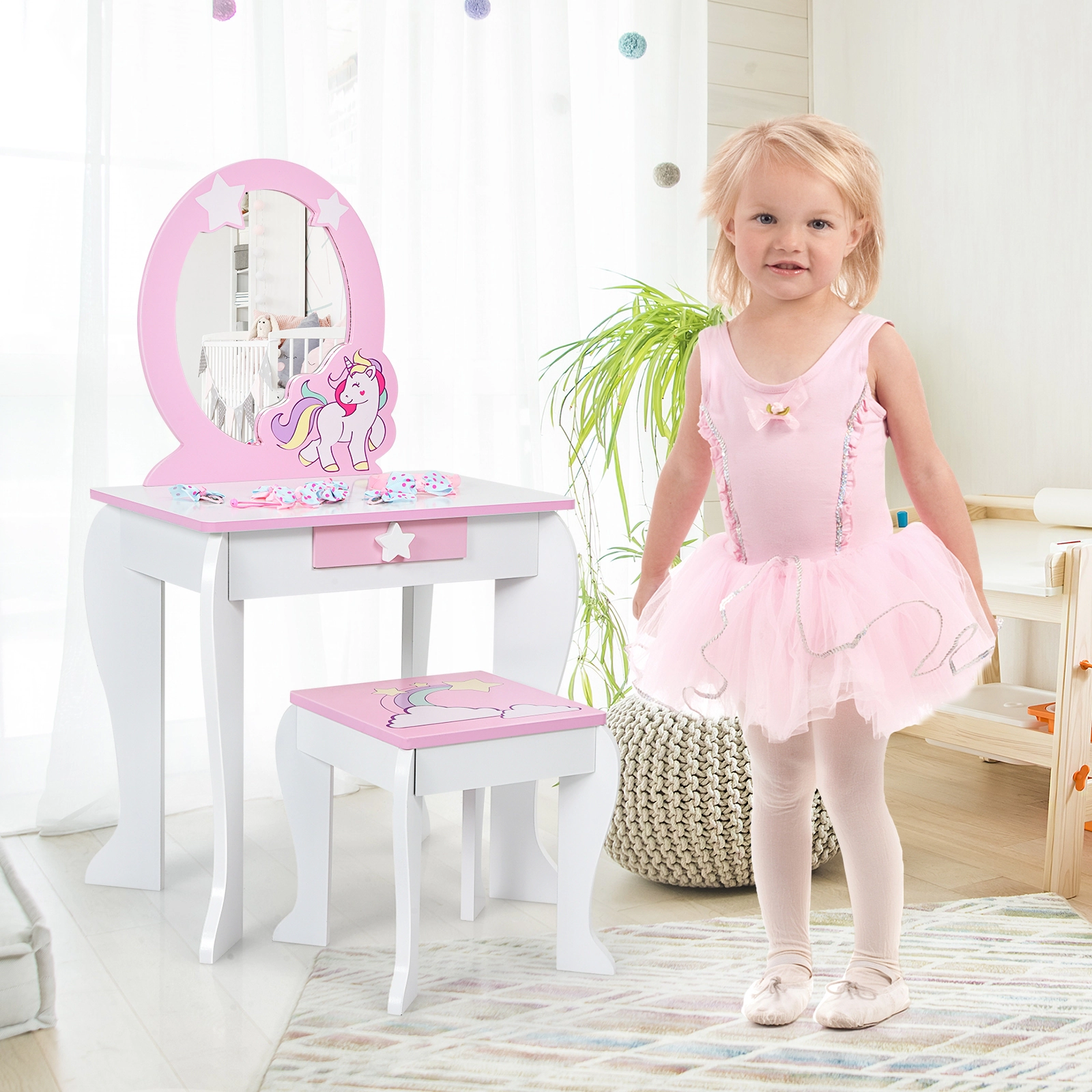 SUGIFT White and Pink Kids Vanity Table and Stool Set with Removable Mirror Top
