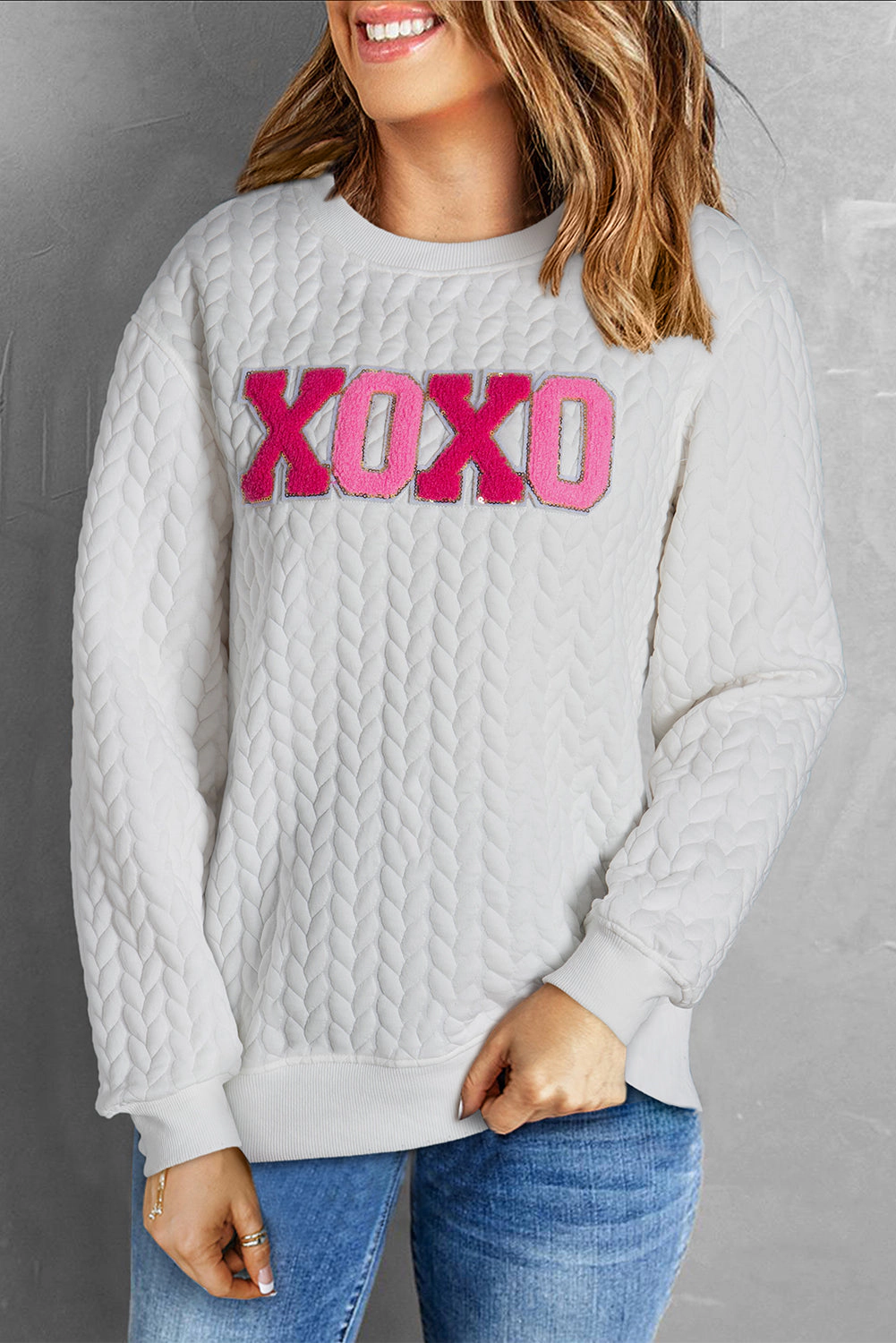 Threaded Pear Women's Logan XOXO Glitter Chenille Cable Knit Pullover Sweatshirt