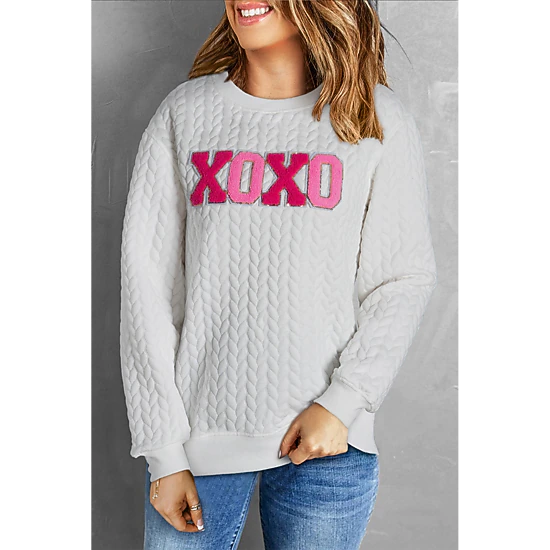 Threaded Pear Women's Logan XOXO Glitter Chenille Cable Knit Pullover Sweatshirt