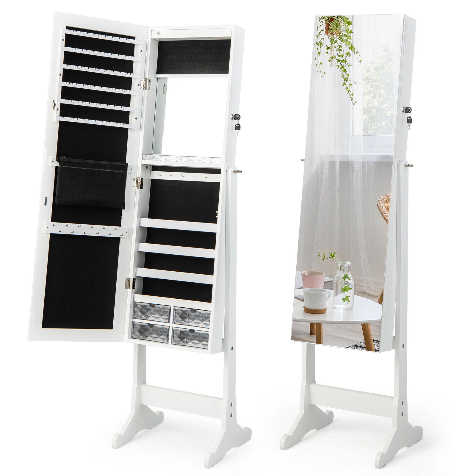 SUGIFT White Free Standing Full-Length Jewelry Armoire with LED Lights 4-Level Tilt and Lockable Mirror