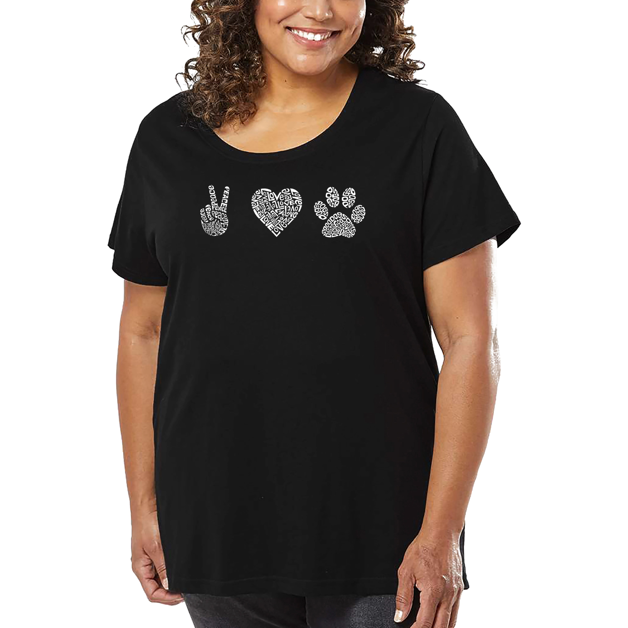 LA Pop Art Women's Plus Word T-Shirt - Peace Love Dogs