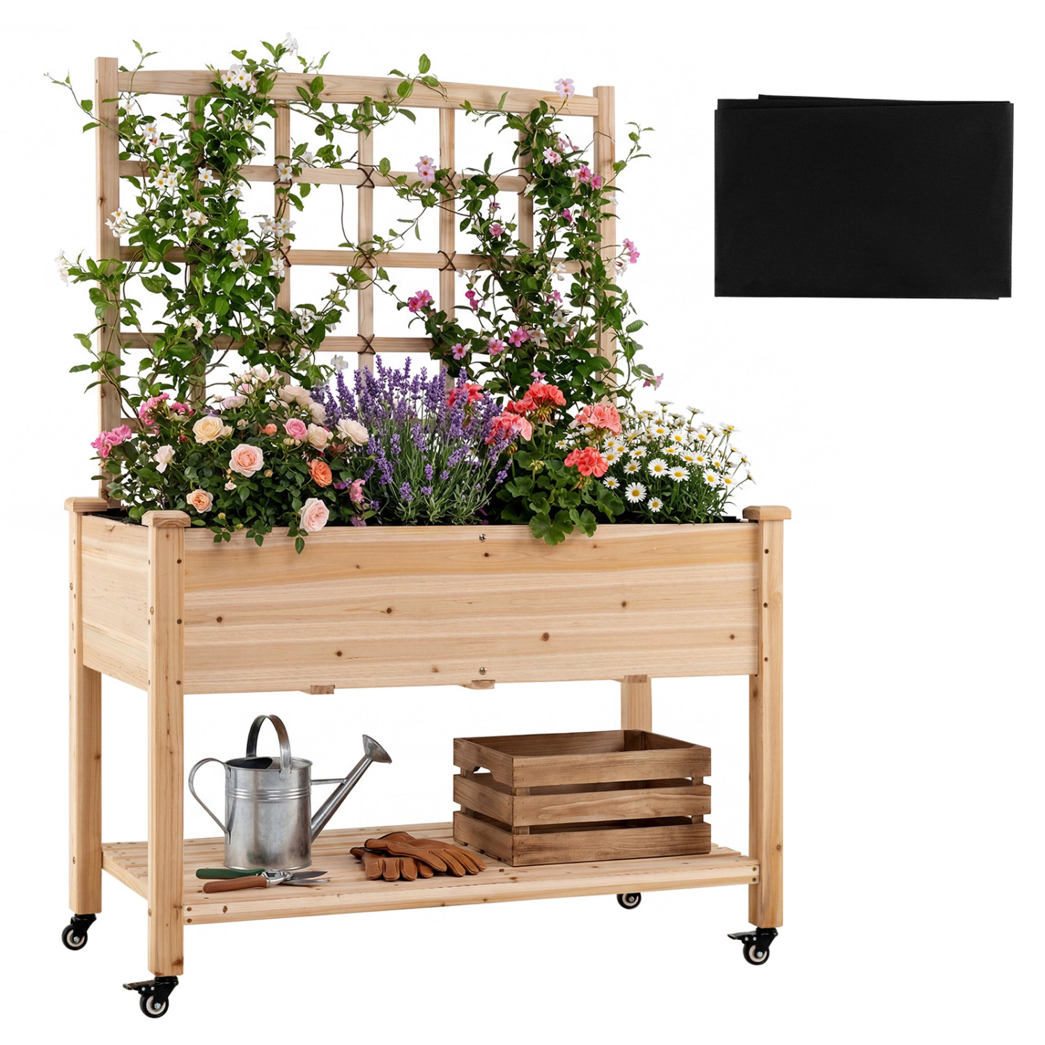 LJG Wooden Mobile Raised Garden Bed on Wheels with Trellis
