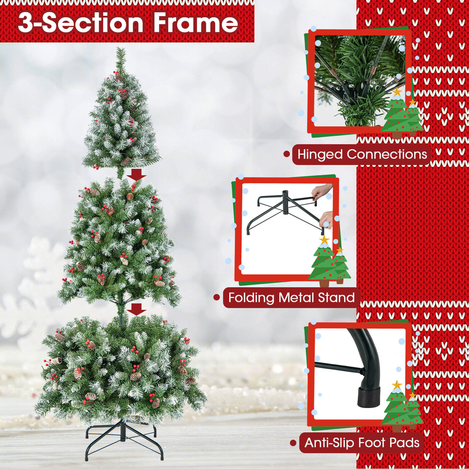 SUGIFT 6.5-ft Pre-Lit Artificial Christmas Tree with 69 Pine Cones 207 Red Berries and 420 Warm White LEDs