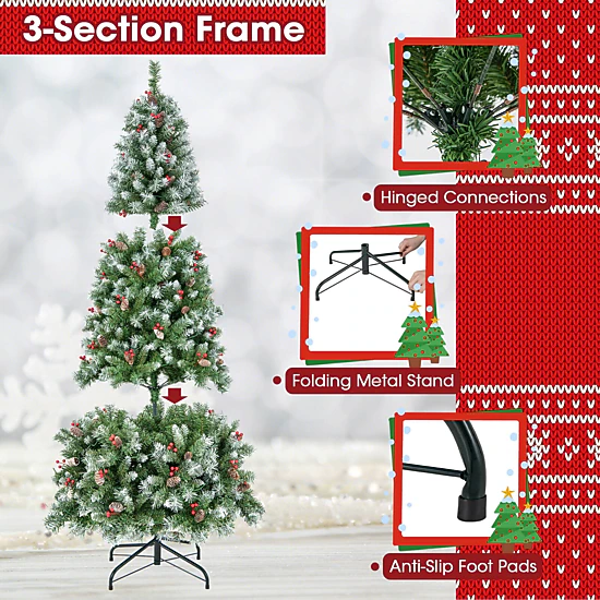 SUGIFT 6.5-ft Pre-Lit Artificial Christmas Tree with 69 Pine Cones 207 Red Berries and 420 Warm White LEDs