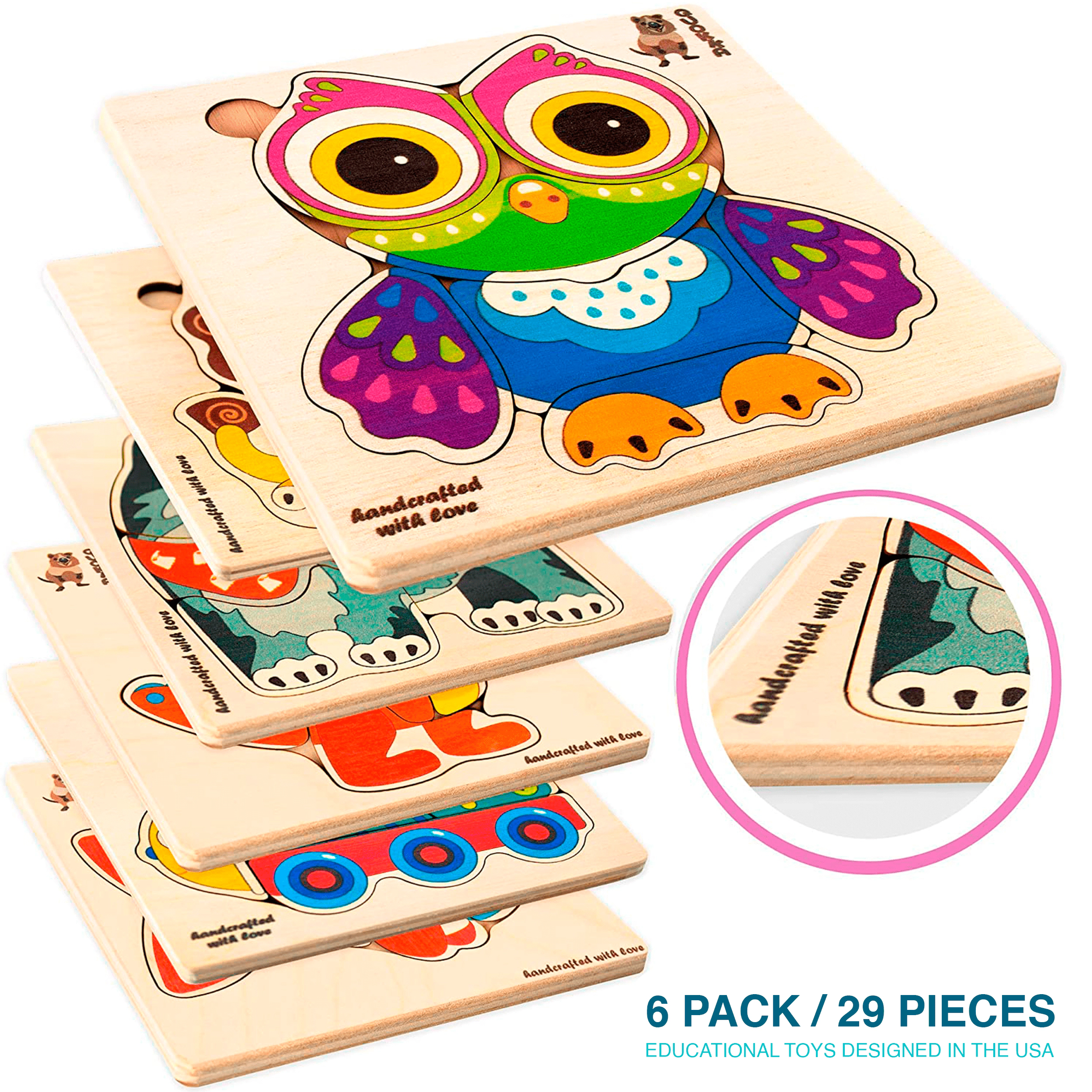 QUOKKA Wooden Puzzle Set for Toddlers Ages 1–3, 6 Large Boards with Animal & Everyday Themes