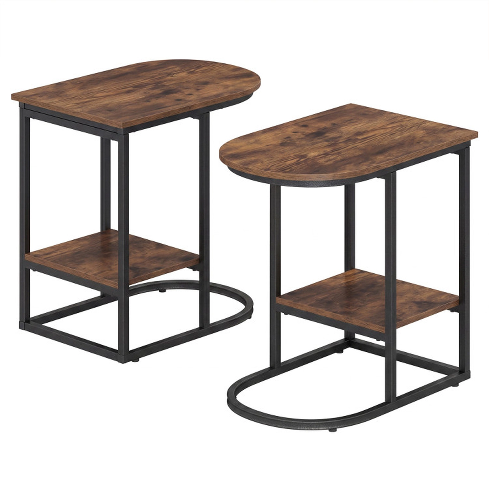 SUGIFT 24-Inch C-Shaped Sofa Side Table, Rustic Brown Faux Marble Top, Storage Shelf, Metal Frame