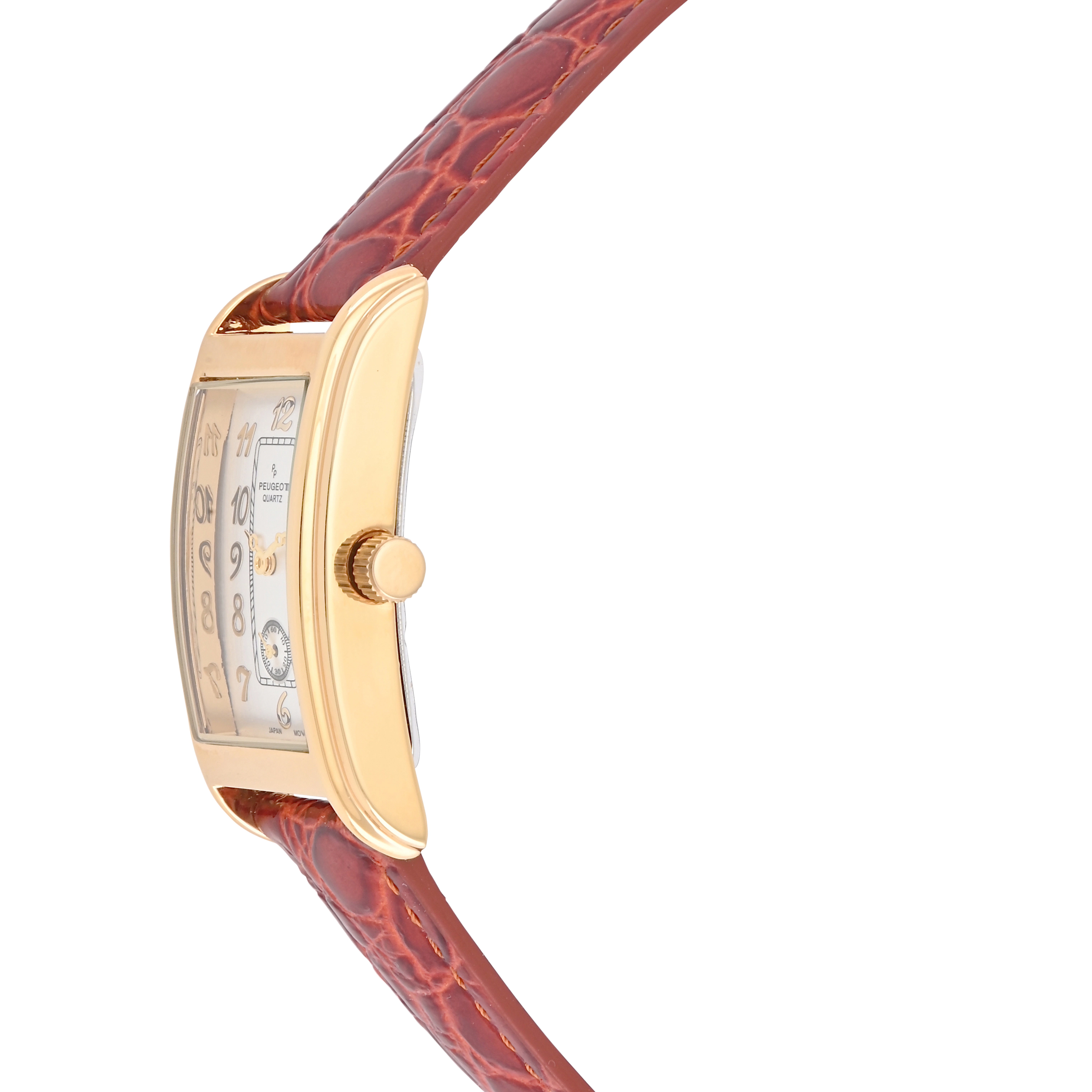 Peugeot Men's Gold Contour Case Remote Sweep Watch with Brown Leather Band