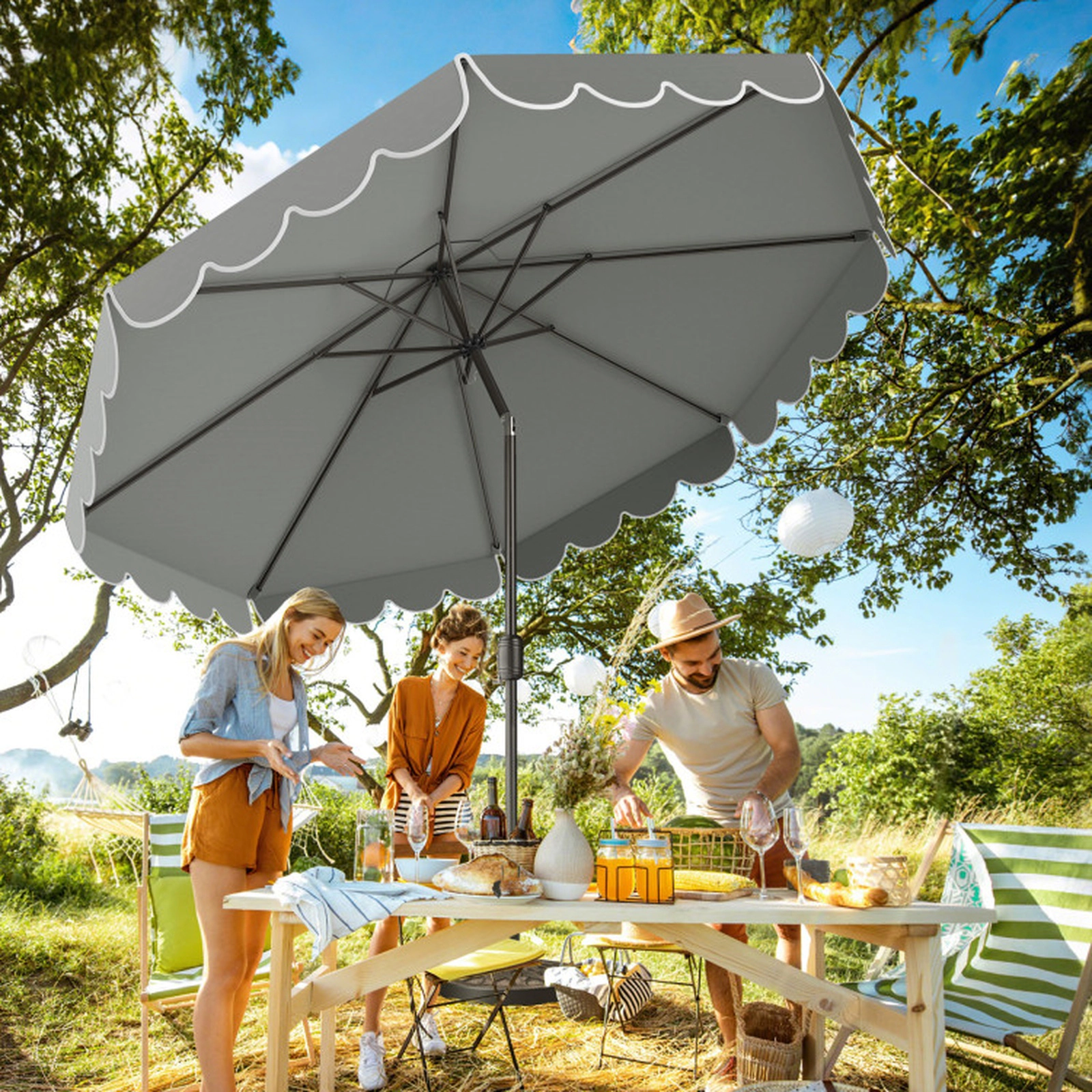 SUGIFT Gray Patio Market Umbrella with Crank Handle Push Button Tilt and Ruffled Edges 10-ft Dia 8.2-ft H